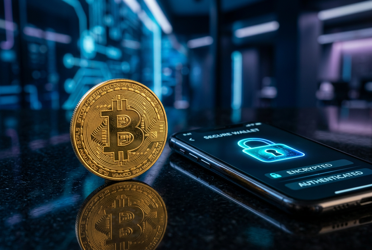 Physical Bitcoin coin and a smartphone with a security padlock on a sleek desk
